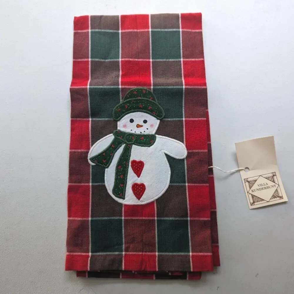 NEW Villa Kunderbunt Snowman Christmas Plaid Tea Towel Red Green